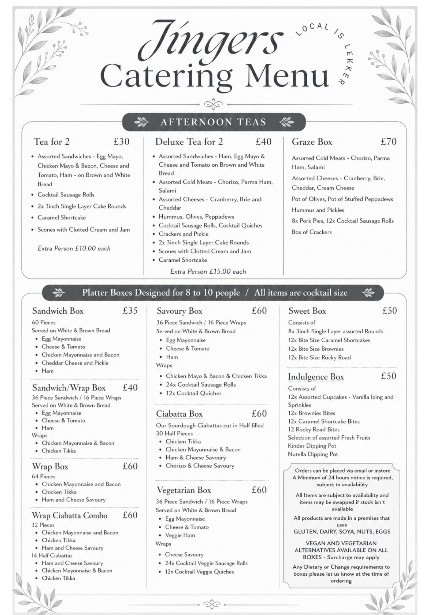 Jingers April 2026 catering menu page 1