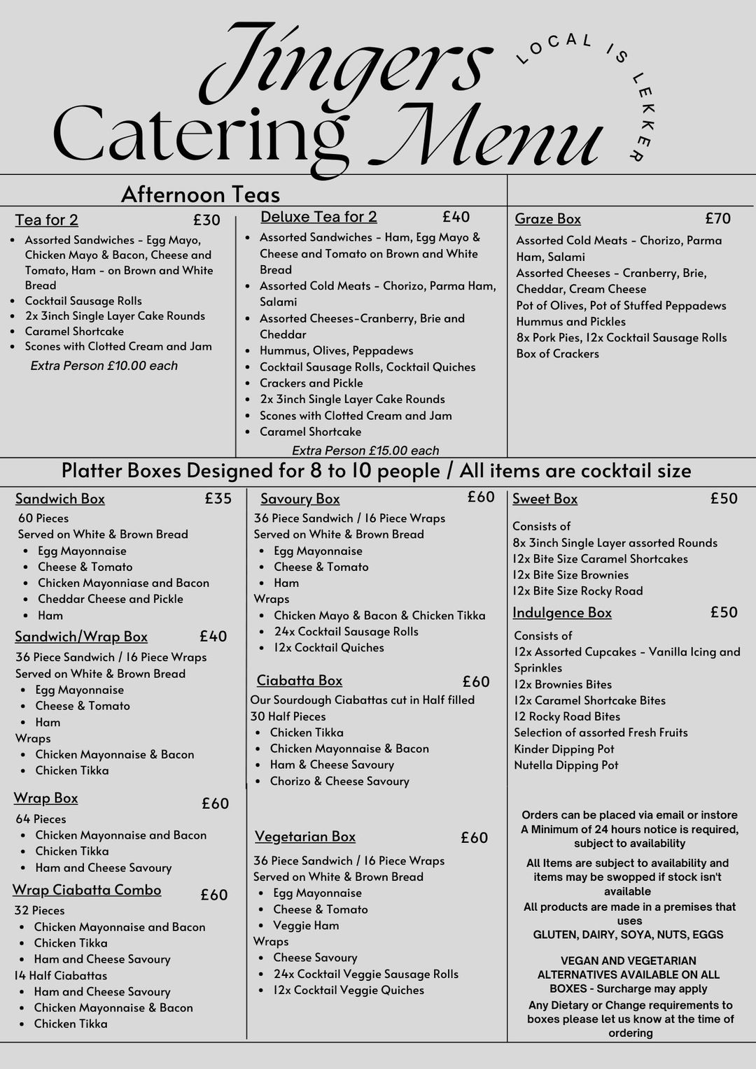 Jingers February 2026 catering menu with afternoon tea and platter box prices